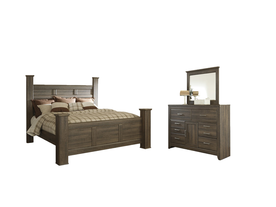Juararo King Poster Bed with Mirrored Dresser Factory Furniture Mattress & More - Online or In-Store at our Phillipsburg Location Serving Dayton, Eaton, and Greenville. Shop Now.