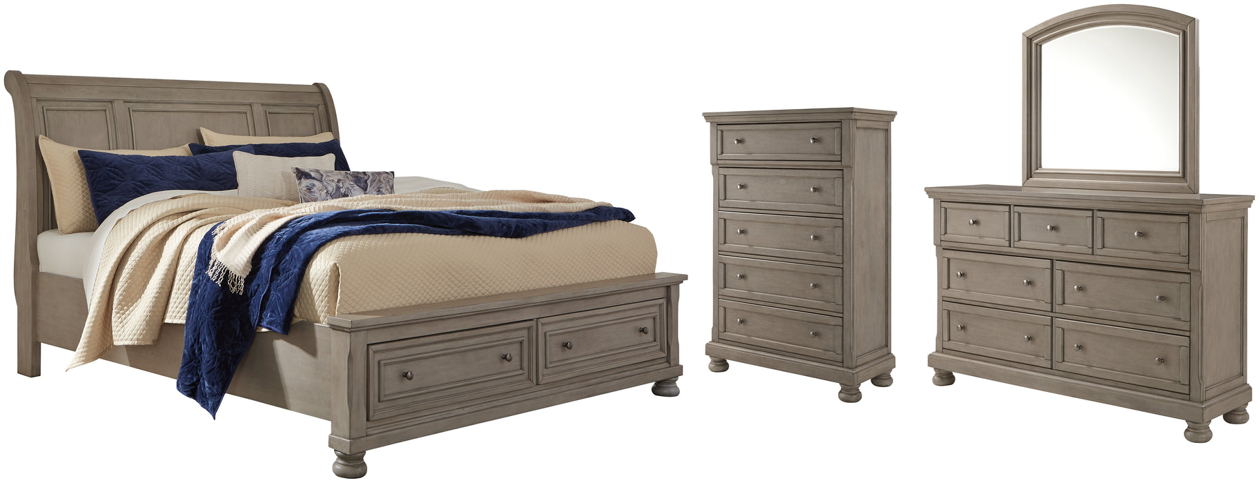 Lettner California King Sleigh Bed with Mirrored Dresser and Chest Factory Furniture Mattress & More - Online or In-Store at our Phillipsburg Location Serving Dayton, Eaton, and Greenville. Shop Now.