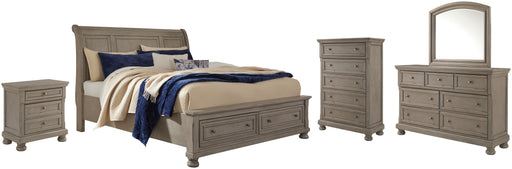 Lettner King Sleigh Bed with 2 Storage Drawers with Mirrored Dresser, Chest and Nightstand Factory Furniture Mattress & More - Online or In-Store at our Phillipsburg Location Serving Dayton, Eaton, and Greenville. Shop Now.