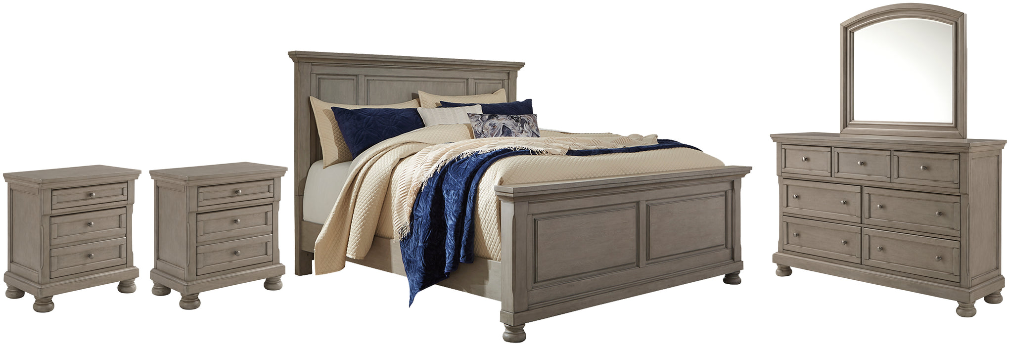 Lettner California King Panel Bed with Mirrored Dresser and 2 Nightstands Factory Furniture Mattress & More - Online or In-Store at our Phillipsburg Location Serving Dayton, Eaton, and Greenville. Shop Now.