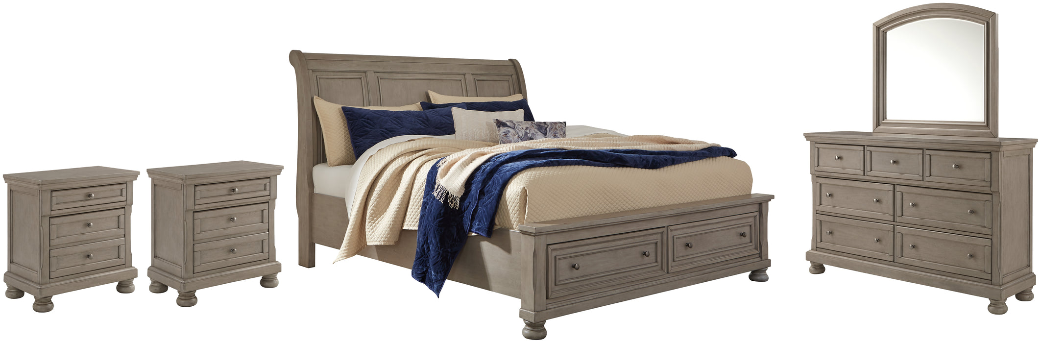Lettner California King Sleigh Bed with Mirrored Dresser and 2 Nightstands Factory Furniture Mattress & More - Online or In-Store at our Phillipsburg Location Serving Dayton, Eaton, and Greenville. Shop Now.