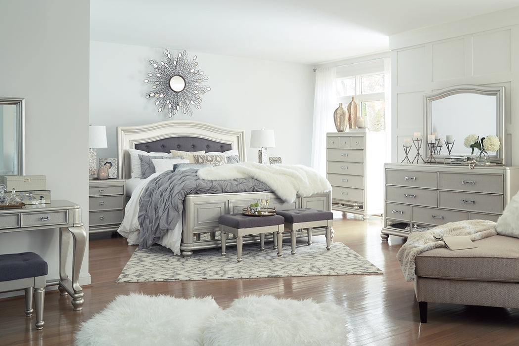 Coralayne California King Upholstered Sleigh Bed with Mirrored Dresser and 2 Nightstands Factory Furniture Mattress & More - Online or In-Store at our Phillipsburg Location Serving Dayton, Eaton, and Greenville. Shop Now.