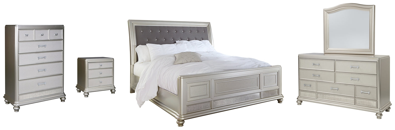 Coralayne Queen Upholstered Sleigh Bed with Mirrored Dresser, Chest and Nightstand Factory Furniture Mattress & More - Online or In-Store at our Phillipsburg Location Serving Dayton, Eaton, and Greenville. Shop Now.