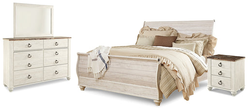 Willowton King Sleigh Bed with Mirrored Dresser and Nightstand Factory Furniture Mattress & More - Online or In-Store at our Phillipsburg Location Serving Dayton, Eaton, and Greenville. Shop Now.