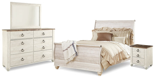 Willowton Queen Sleigh Bed with Mirrored Dresser and Nightstand Factory Furniture Mattress & More - Online or In-Store at our Phillipsburg Location Serving Dayton, Eaton, and Greenville. Shop Now.