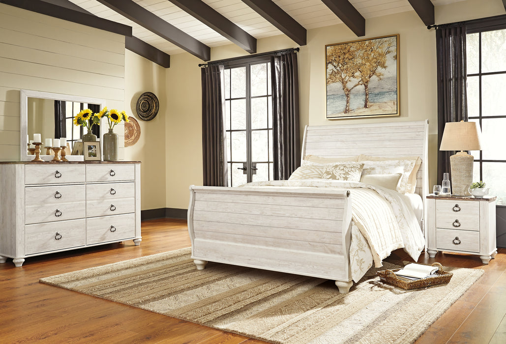 Willowton Queen Sleigh Bed with Mirrored Dresser and Nightstand Factory Furniture Mattress & More - Online or In-Store at our Phillipsburg Location Serving Dayton, Eaton, and Greenville. Shop Now.