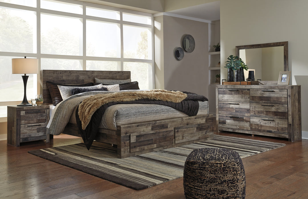 Derekson King Panel Bed with 2 Storage Drawers with Mirrored Dresser and Nightstand Factory Furniture Mattress & More - Online or In-Store at our Phillipsburg Location Serving Dayton, Eaton, and Greenville. Shop Now.