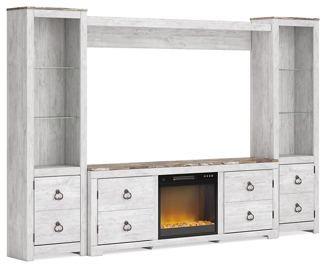 Willowton 4-Piece Entertainment Center with Electric Fireplace Factory Furniture Mattress & More - Online or In-Store at our Phillipsburg Location Serving Dayton, Eaton, and Greenville. Shop Now.