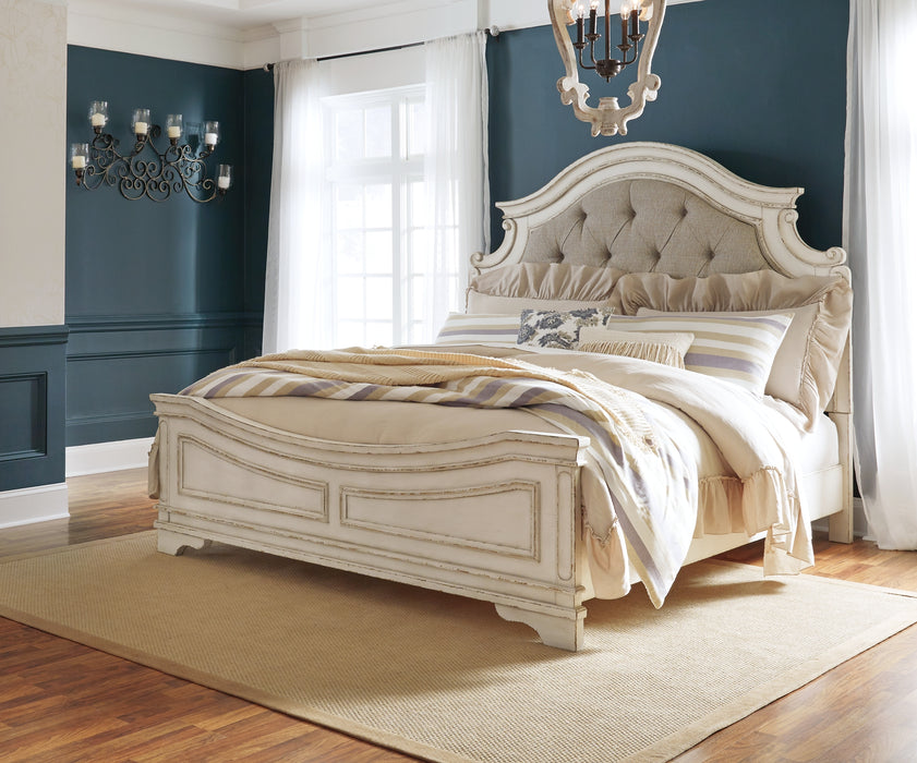 Realyn King Upholstered Panel Bed with Mirrored Dresser Factory Furniture Mattress & More - Online or In-Store at our Phillipsburg Location Serving Dayton, Eaton, and Greenville. Shop Now.