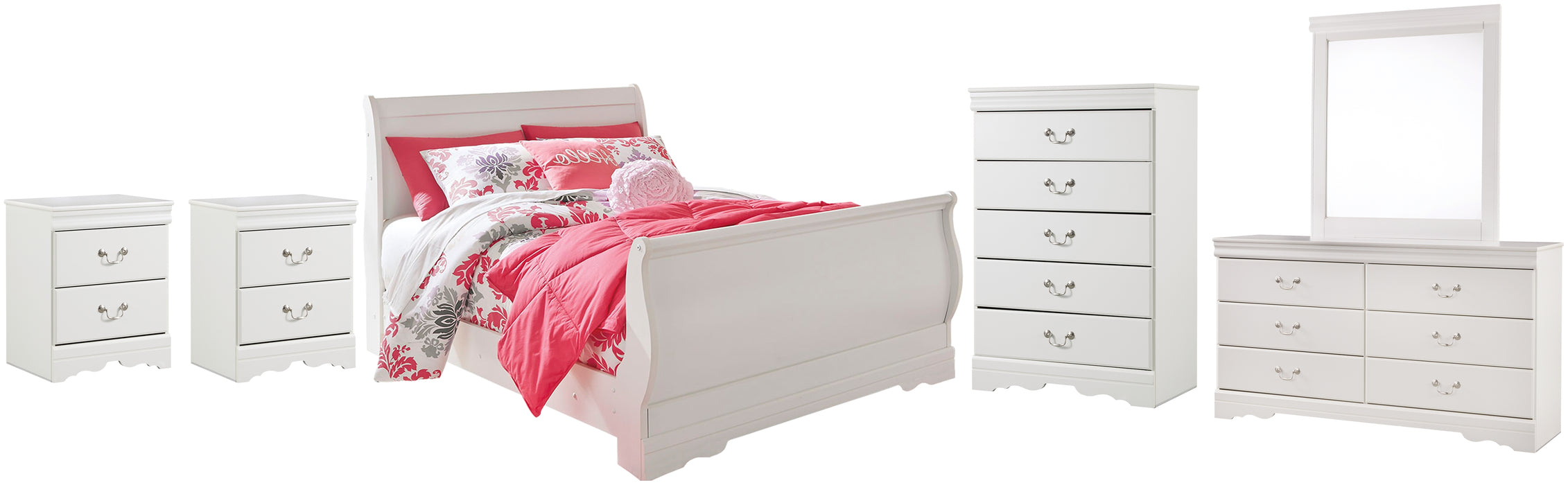 Anarasia Full Sleigh Bed with Mirrored Dresser, Chest and 2 Nightstands Factory Furniture Mattress & More - Online or In-Store at our Phillipsburg Location Serving Dayton, Eaton, and Greenville. Shop Now.