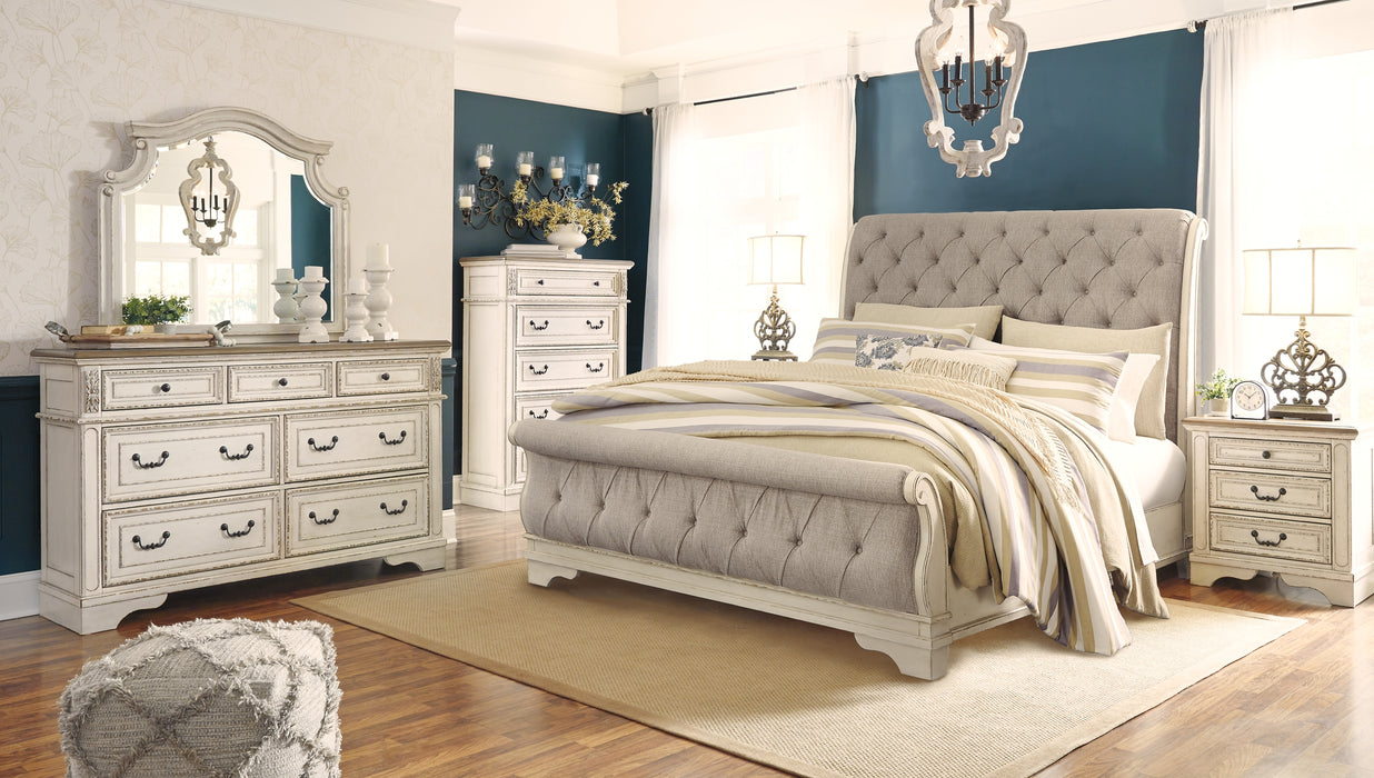 Realyn Queen Sleigh Bed with Mirrored Dresser, Chest and Nightstand Factory Furniture Mattress & More - Online or In-Store at our Phillipsburg Location Serving Dayton, Eaton, and Greenville. Shop Now.