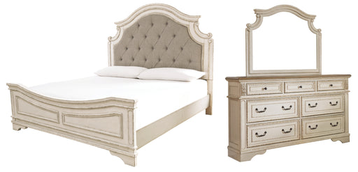 Realyn California King Upholstered Panel Bed with Mirrored Dresser Factory Furniture Mattress & More - Online or In-Store at our Phillipsburg Location Serving Dayton, Eaton, and Greenville. Shop Now.