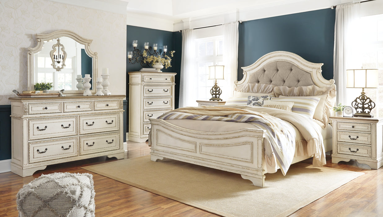 Realyn Queen Upholstered Panel Bed with Mirrored Dresser, Chest and 2 Nightstands Factory Furniture Mattress & More - Online or In-Store at our Phillipsburg Location Serving Dayton, Eaton, and Greenville. Shop Now.