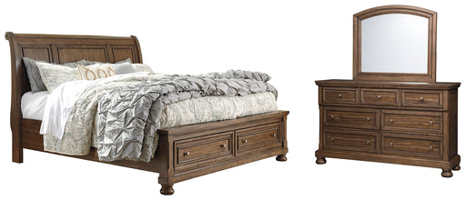 Flynnter Queen Sleigh Bed with 2 Storage Drawers with Mirrored Dresser Factory Furniture Mattress & More - Online or In-Store at our Phillipsburg Location Serving Dayton, Eaton, and Greenville. Shop Now.
