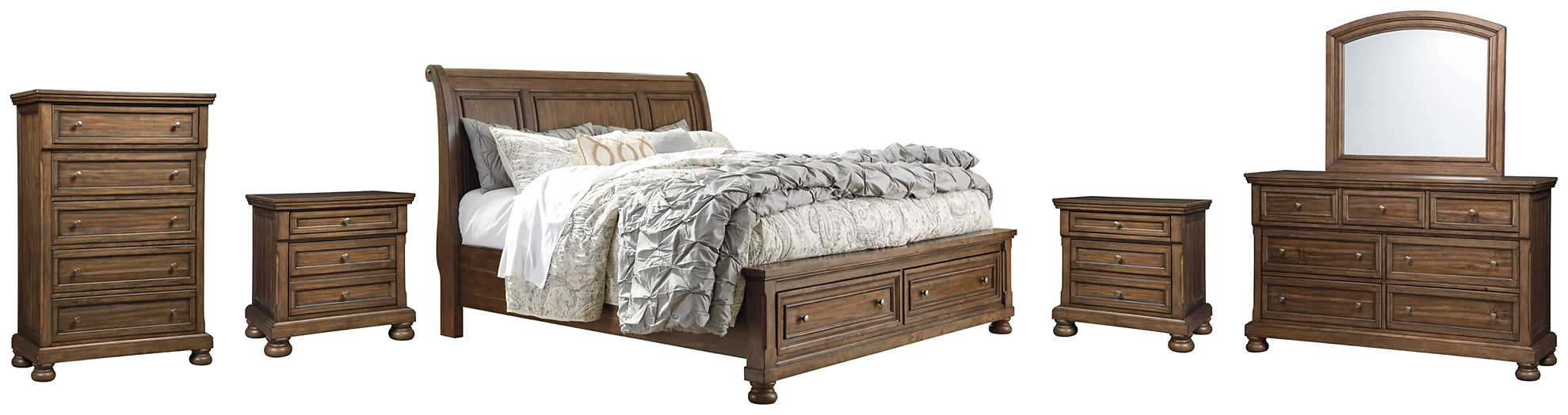 Flynnter Queen Sleigh Bed with 2 Storage Drawers with Mirrored Dresser, Chest and 2 Nightstands Factory Furniture Mattress & More - Online or In-Store at our Phillipsburg Location Serving Dayton, Eaton, and Greenville. Shop Now.
