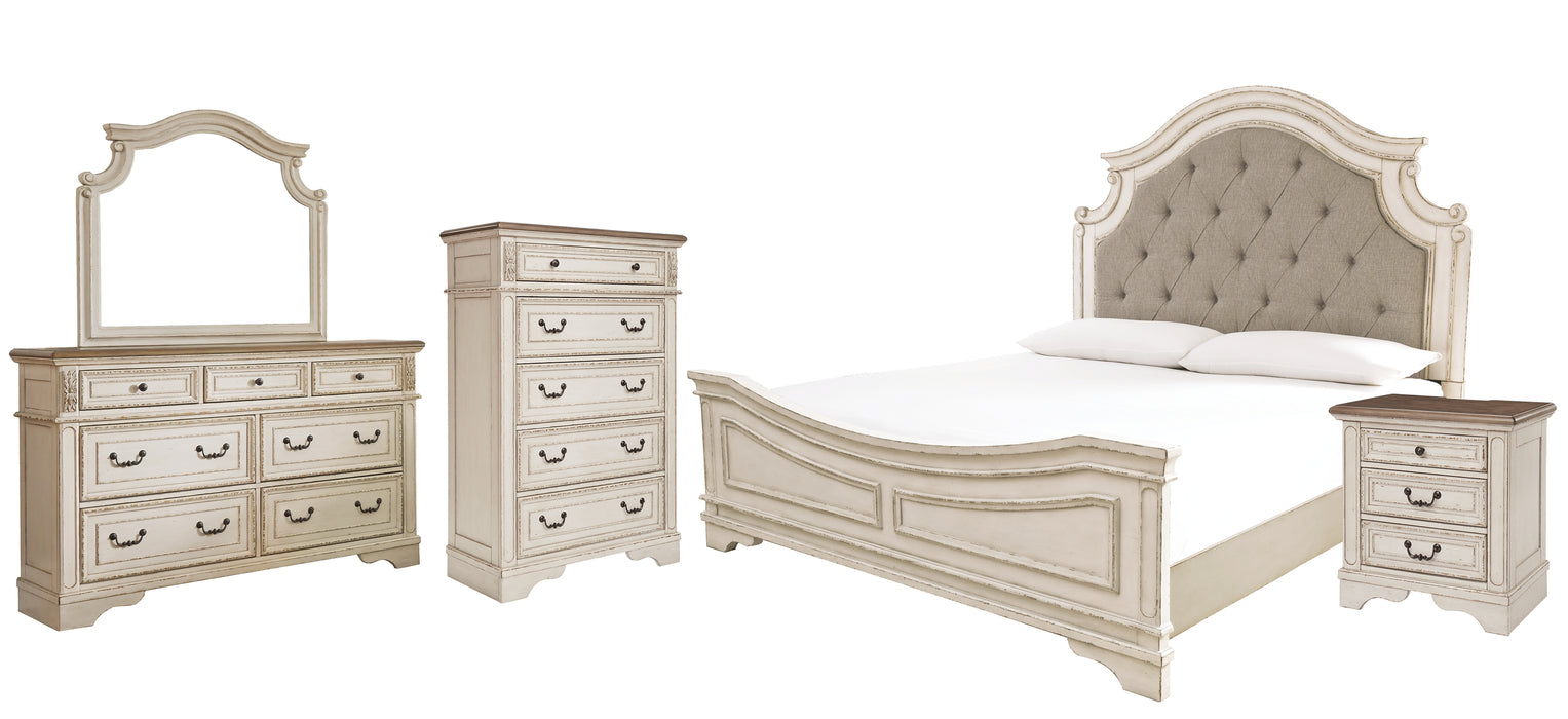 Realyn Queen Upholstered Panel Bed with Mirrored Dresser, Chest and Nightstand Factory Furniture Mattress & More - Online or In-Store at our Phillipsburg Location Serving Dayton, Eaton, and Greenville. Shop Now.