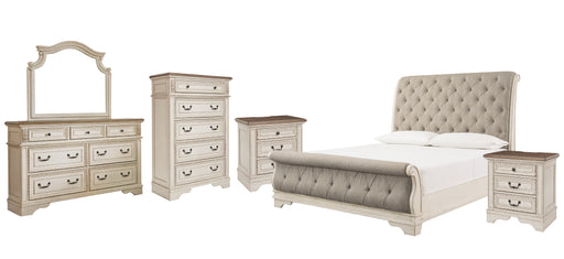 Realyn California King Sleigh Bed with Mirrored Dresser, Chest and 2 Nightstands Factory Furniture Mattress & More - Online or In-Store at our Phillipsburg Location Serving Dayton, Eaton, and Greenville. Shop Now.