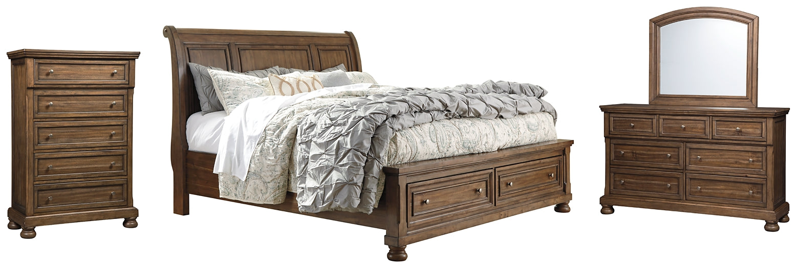 Flynnter Queen Sleigh Bed with 2 Storage Drawers with Mirrored Dresser and Chest Factory Furniture Mattress & More - Online or In-Store at our Phillipsburg Location Serving Dayton, Eaton, and Greenville. Shop Now.