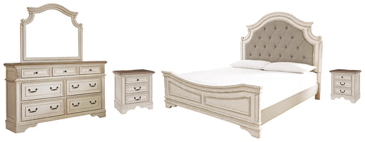 Realyn Queen Upholstered Panel Bed with Mirrored Dresser and 2 Nightstands Factory Furniture Mattress & More - Online or In-Store at our Phillipsburg Location Serving Dayton, Eaton, and Greenville. Shop Now.