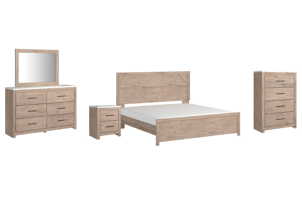 Senniberg King Panel Bed with Mirrored Dresser, Chest and Nightstand Factory Furniture Mattress & More - Online or In-Store at our Phillipsburg Location Serving Dayton, Eaton, and Greenville. Shop Now.