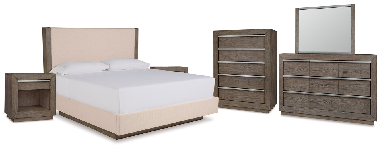 Anibecca King Upholstered Bed with Mirrored Dresser, Chest and 2 Nightstands Factory Furniture Mattress & More - Online or In-Store at our Phillipsburg Location Serving Dayton, Eaton, and Greenville. Shop Now.