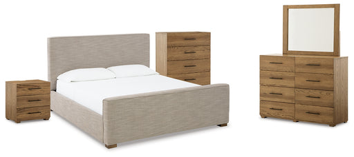 Dakmore Queen Upholstered Bed with Mirrored Dresser, Chest and Nightstand Factory Furniture Mattress & More - Online or In-Store at our Phillipsburg Location Serving Dayton, Eaton, and Greenville. Shop Now.