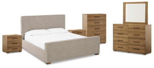 Dakmore California King Upholstered Bed with Mirrored Dresser, Chest and 2 Nightstands Factory Furniture Mattress & More - Online or In-Store at our Phillipsburg Location Serving Dayton, Eaton, and Greenville. Shop Now.