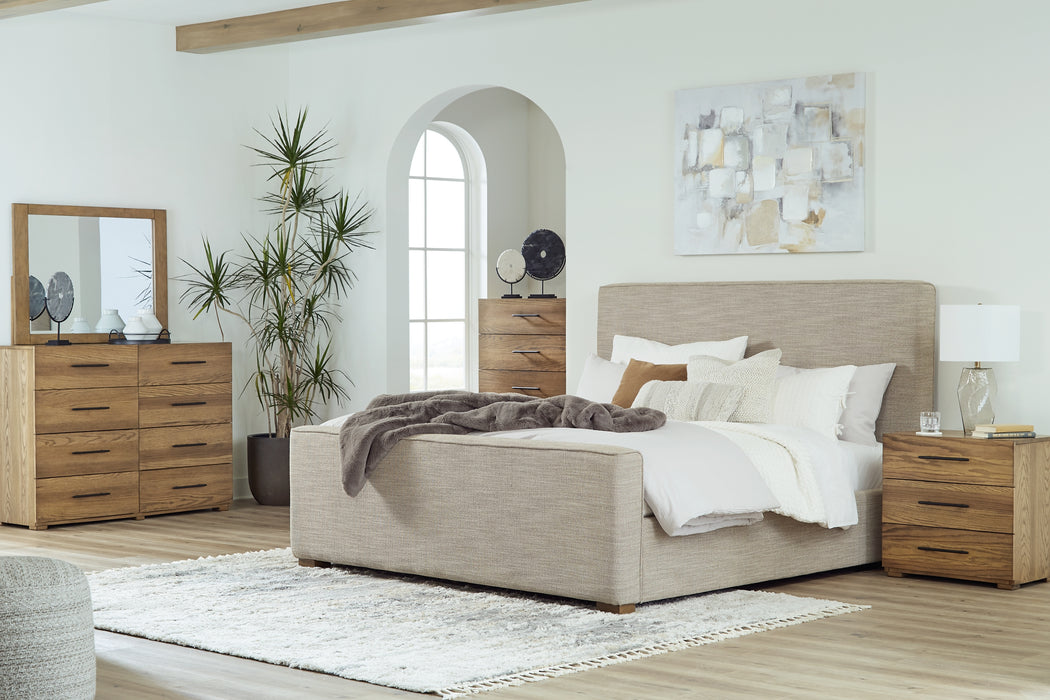 Dakmore Queen Upholstered Bed with Mirrored Dresser, Chest and Nightstand Factory Furniture Mattress & More - Online or In-Store at our Phillipsburg Location Serving Dayton, Eaton, and Greenville. Shop Now.