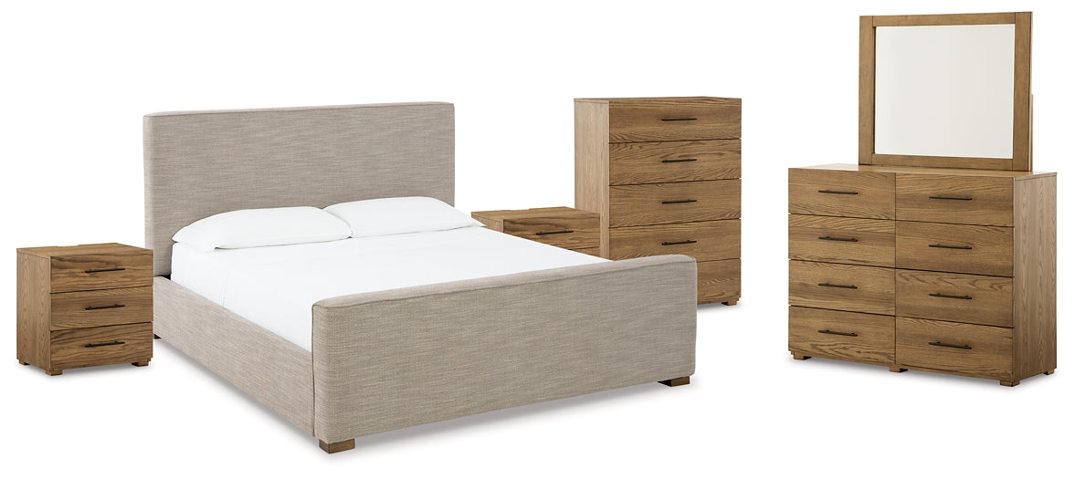 Dakmore King Upholstered Bed with Mirrored Dresser, Chest and 2 Nightstands Factory Furniture Mattress & More - Online or In-Store at our Phillipsburg Location Serving Dayton, Eaton, and Greenville. Shop Now.