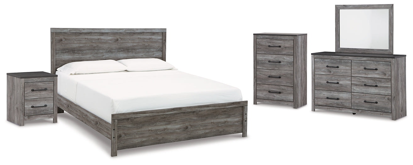 Bronyan King Panel Bed with Mirrored Dresser, Chest and Nightstand